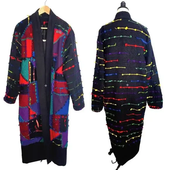 RARE! Vintage 90s COOGI Mens S Woven 3D Sweater Coat Long Duster Cardigan Black - Picture 1 of 16